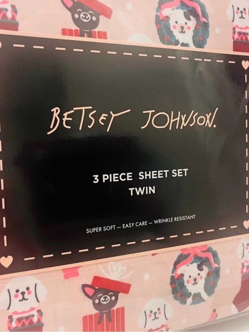 Betsey Johnson Holiday Dogs Pink 3 Piece Twin Size Sheet Set
